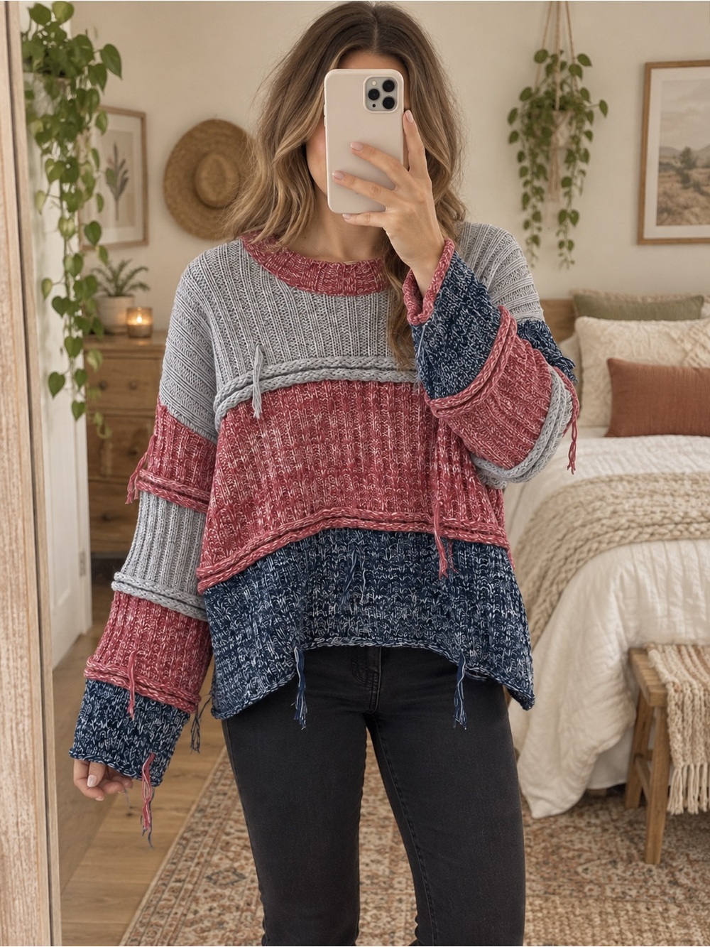 easel Colorblock Crewneck Sweater in Red, Gray & Navy